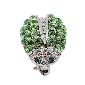 Pave Rhinestone Ladybug Brooch 5/8" Silver Tone Green Insect EUC Small Bling